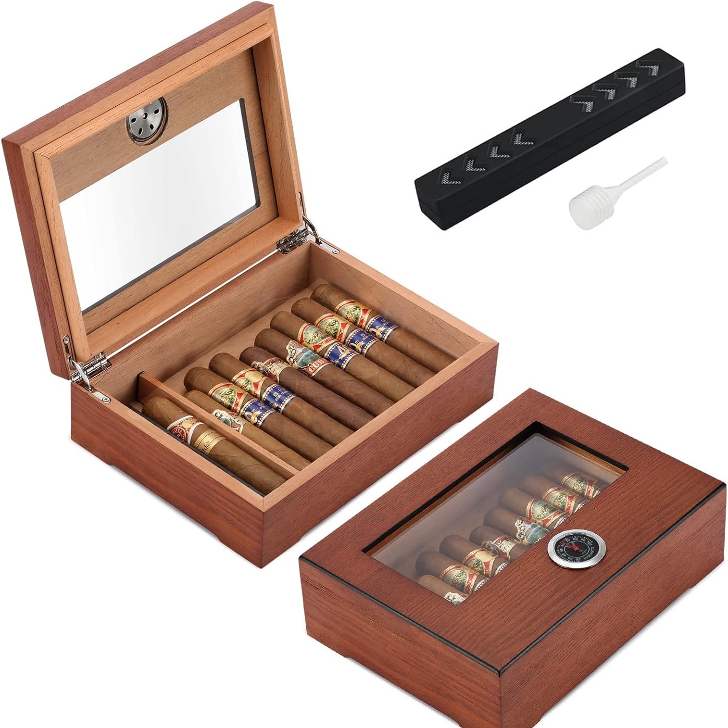 A glass top humidor with cigars on cedar trays